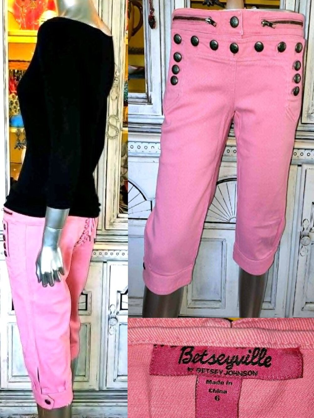 Betsey Johnson Vintage Y2K Betseyville Pink Corset Lace Up Jeans Capri Pants S M